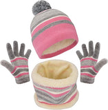 Maylisacc Winter Kids Bobble Hat Scarf Gloves Set with Double Layer Fleece Lining for Boys Girls Aged 3-8, Warm Knitted Pom Pom Beanie Hats Snood and Glove for Children Outdoor