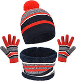 Maylisacc Winter Kids Bobble Hat Scarf Gloves Set with Double Layer Fleece Lining for Boys Girls Aged 3-8, Warm Knitted Pom Pom Beanie Hats Snood and Glove for Children Outdoor