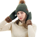 Womens Winter Lined Knit Pom Pom Beanie Hats Gloves Set for Adults