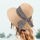 MAYLISACC Beach Hat Sun Hats for Women Floppy Trendy Straw Hat with Chin Strap, Beach Hats for Women Raffia Sun Hat for Women Wide Brim Hat Women with Plaid Ribbon Bow