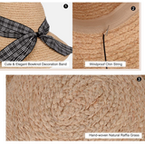 MAYLISACC Beach Hat Sun Hats for Women Floppy Trendy Straw Hat with Chin Strap, Beach Hats for Women Raffia Sun Hat for Women Wide Brim Hat Women with Plaid Ribbon Bow