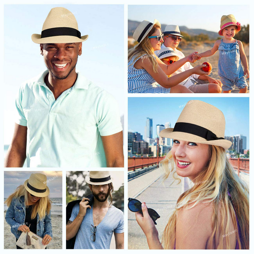 MAYLISACC Short Brim Straw Fedora Hats, Summer Straw Trilby Beach Sun